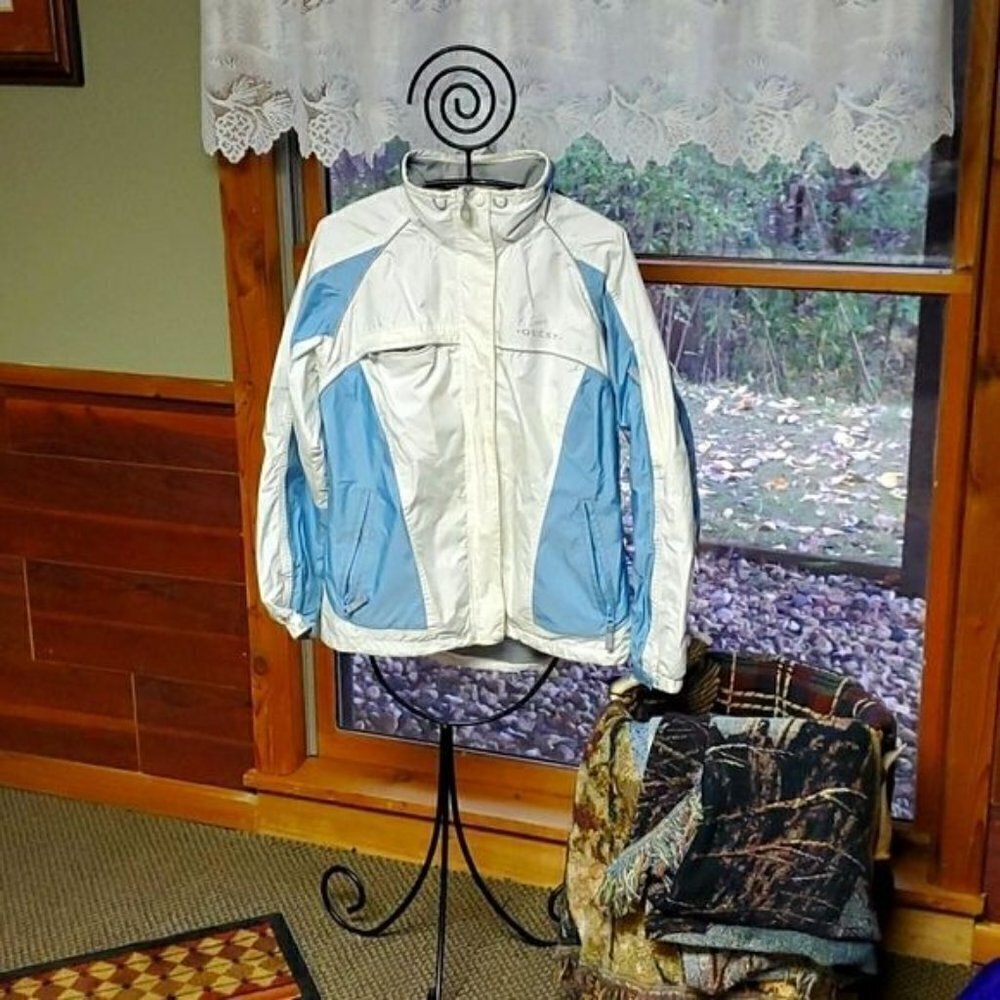 Quest‎ Womens Medium White Blue Colorblock Full Zip Nylon Windbreaker Jacket